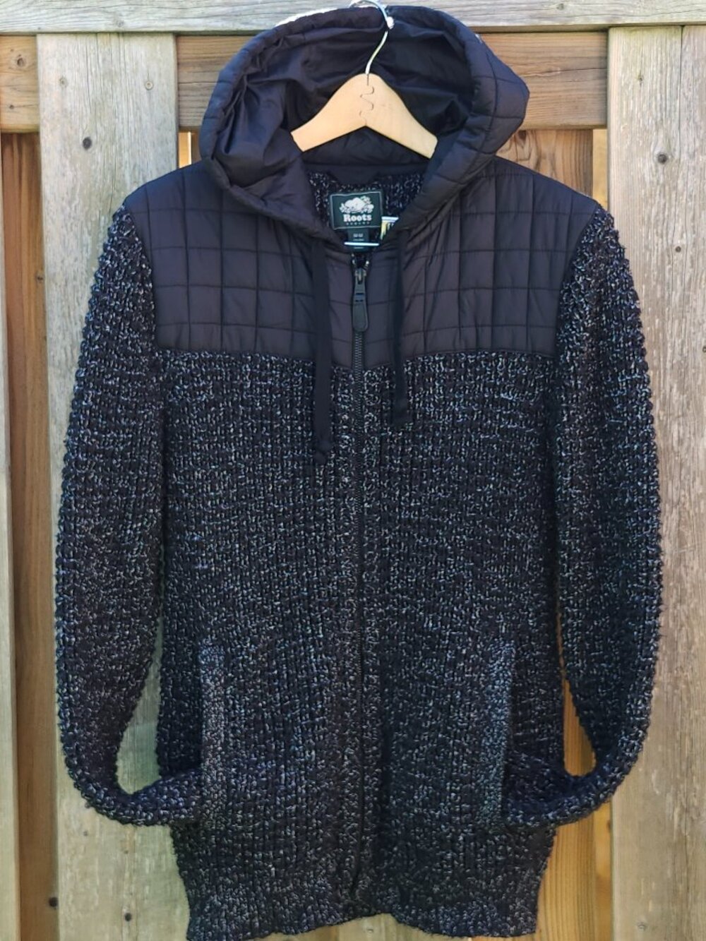 ROOTS CANADA SWEATER KNIT ZIPPER COAT JACKET M WITH NYLON HOOD